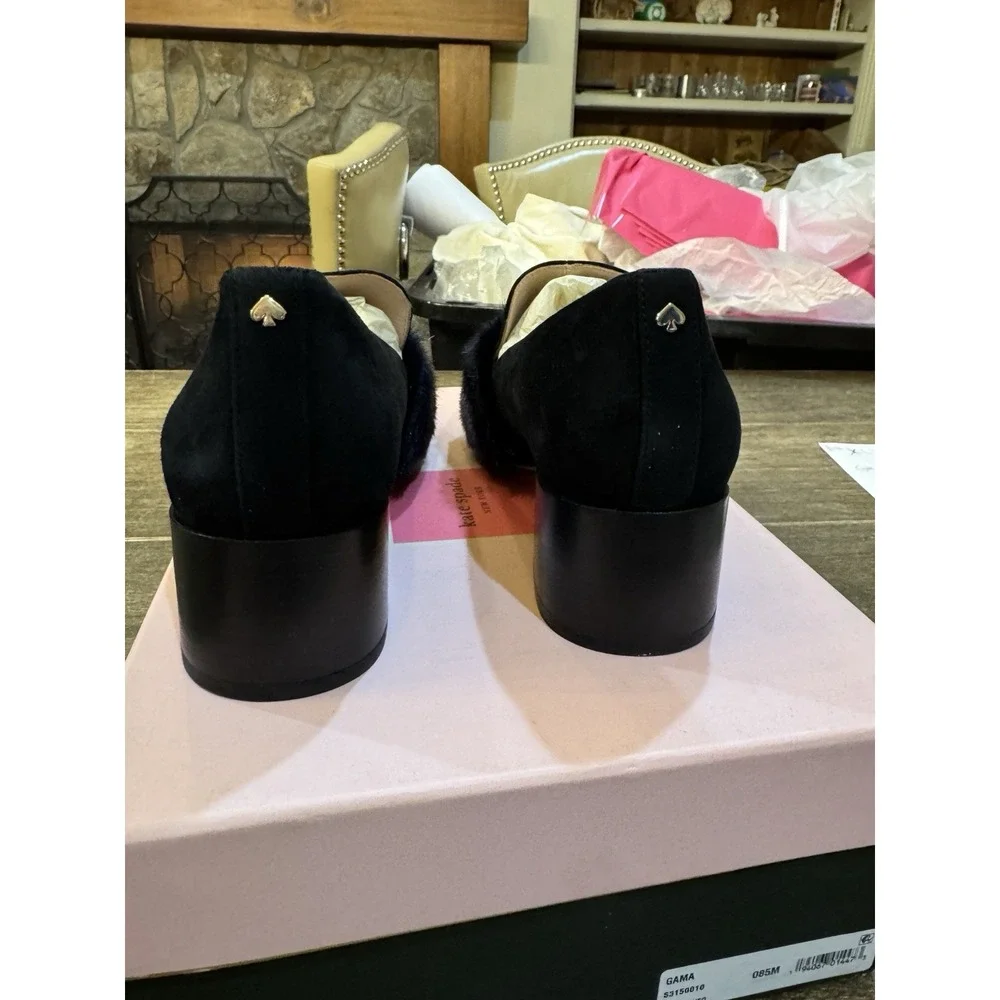 Kate Spade Gama loafers in‎ black suede with a faux fur trim Block Heel Size 8.5